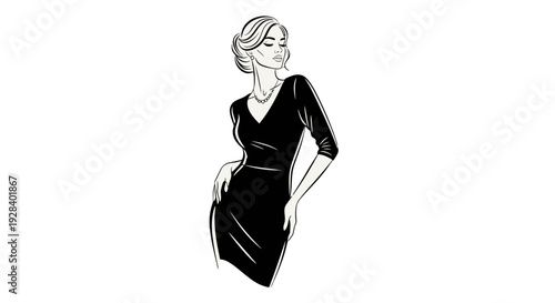Elegant woman in a black dress posing confidently.