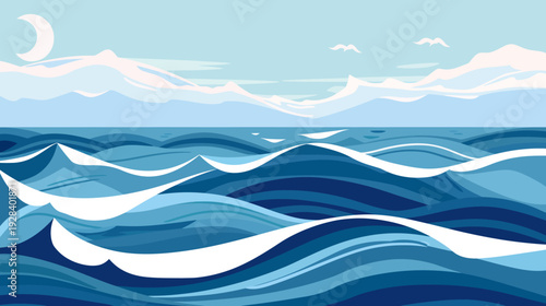 Stylized ocean waves beneath pale mountains, crescent moon, and two soaring birds