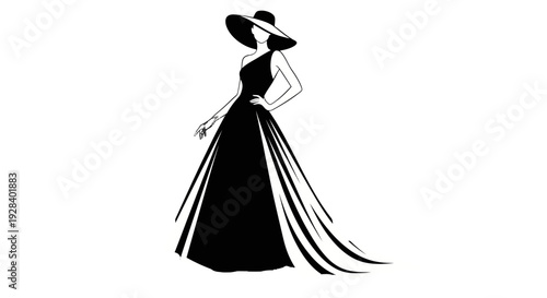 Elegant woman in a long black dress and hat illustration.