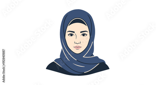 Illustration of a woman wearing a blue hijab on a white background.