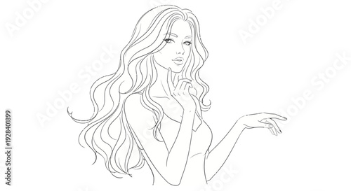 Line drawing of a woman with long wavy hair gesturing.