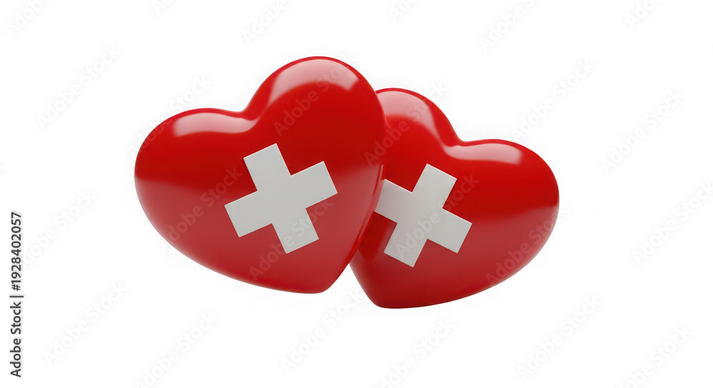 Obraz premium Two Glossy Red Hearts with White Cross Symbol – Medical Support and Healthcare Concept 3D Render