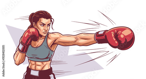 Female Boxer Throwing Punch with Red Boxing Gloves.