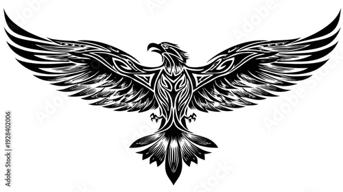 A black and white illustration of a bird with outstretched wings, intricately detailed