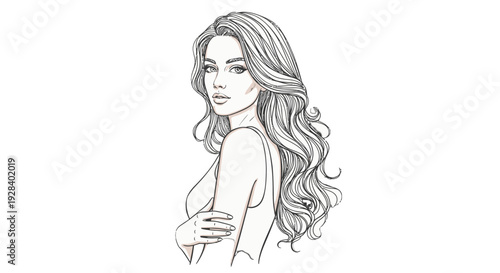 Elegant woman with long wavy hair, minimalist line art illustration.