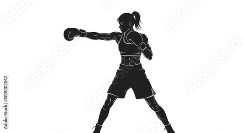 Female boxer in fighting stance with gloves isolated on white background.