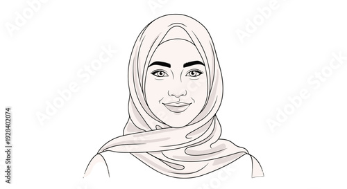 Simple line drawing of a smiling woman wearing a hijab on a white background.