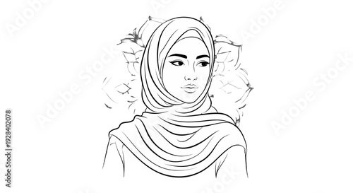 Simple line drawing of a woman wearing a hijab with elegant facial features.