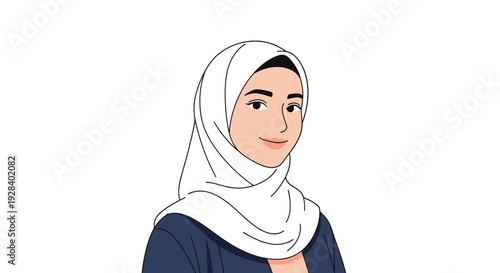 Illustration of a smiling Muslim woman wearing a white hijab and blue clothing.