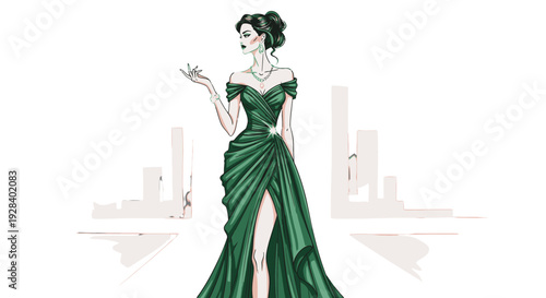 Elegant woman in a green evening gown posing in front of a city skyline.