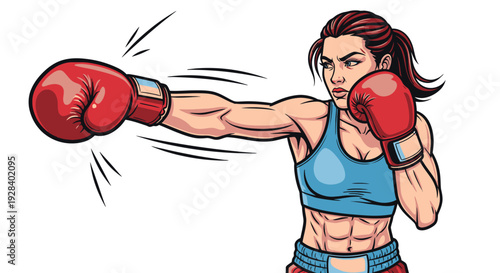 Cartoon female boxer throwing a punch with red boxing gloves.