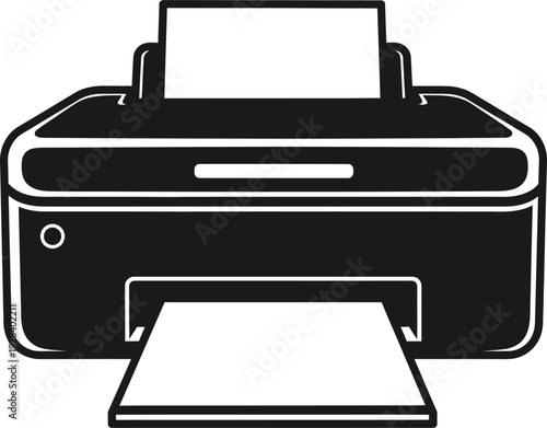 A black and white illustration of a printer