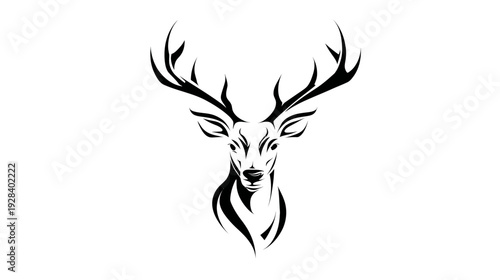 A striking black and white portrait, depicting a deer head with prominent antlers against a clean background