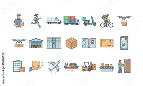 Delivery logistics icons showing transport and packaging on white