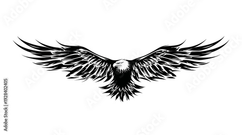 Intricate black and white drawing of a soaring eagle with outstretched wings
