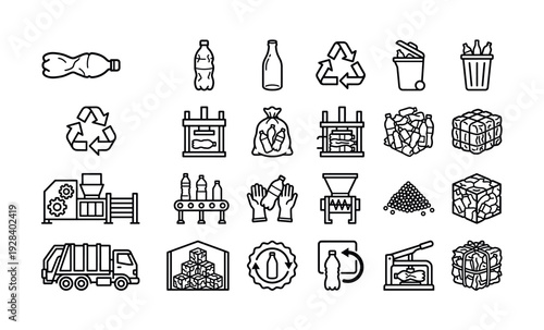 Recycling and plastic processing icons on white background