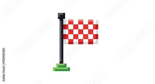 A checkered flag on a pole, waving in the wind, signaling the end of a race in a sports event.