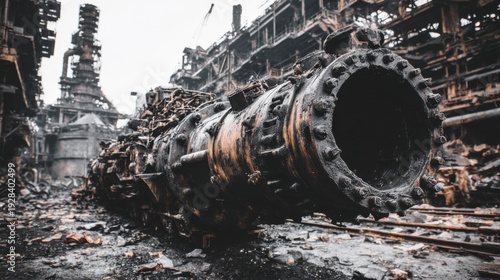 Close-up of Oxidized Metal Plating on Damaged Industrial Machinery in a Scene of Urban Decay