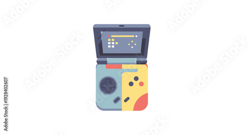 A colorful illustration of a handheld game console with a screen and buttons, viewed from the front.