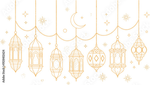 Islamic hanging lantern collection with crescent moon and stars in golden line art style for Ramadan and Eid Mubarak decoration vector illustration.
