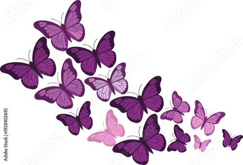 Stylized butterfly artwork, vibrant purple and pink design, diagonal arrangement with dynamic movement, decorative wall art poster for modern interior decor