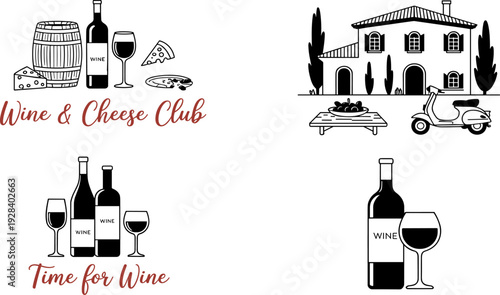 Wine and cheese club illustration, Mediterranean lifestyle artwork with bottles, glasses, house, scooter, decorative design for posters, prints, restaurant branding