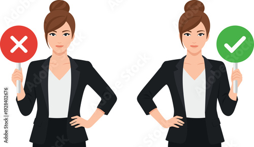 Cartoon businesswoman holding correct and wrong signs, decision making concept illustration, professional female character vector isolated on white background