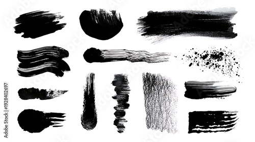 Collection of Black Ink Brush Strokes and Splatters