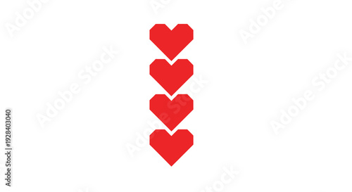 Three red hearts aligned vertically on a plain background viewed from a straightforward perspective