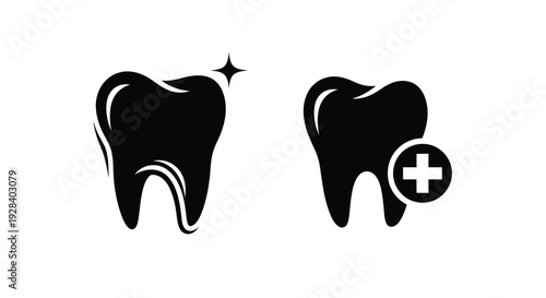 Two tooth icons with a star and plus sign stark silhouette