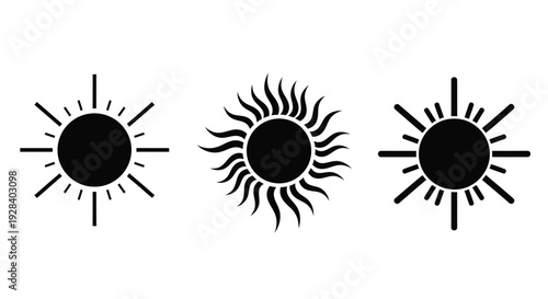 Three black sun icons with radiating lines simple graphic silhouette