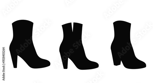 Three black high heeled boots are displayed as a striking silhouette