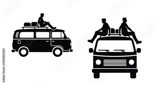 Two vintage vans with people on top black and white silhouette