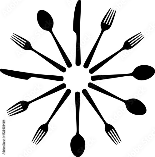 Utensils arranged in a circular pattern on a white background
