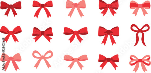 Red Ribbon Bow Collection with Decorative Gift Wrap Knots and Festive Holiday Design Elements