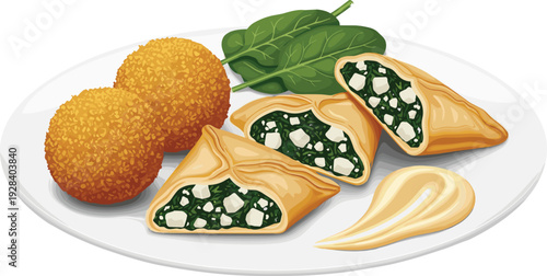 Crispy spinach pastry and fried snack balls vector illustration, delicious savory appetizer dish design isolated on white background