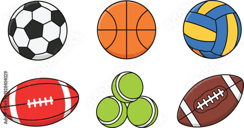 Sports Ball Collection with Soccer, Basketball, Volleyball, Rugby, Tennis and American Football Equipment Icons