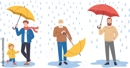 Family with umbrellas in heavy rain, father grandfather and child walking in rainy weather, seasonal climate protection concept vector illustration