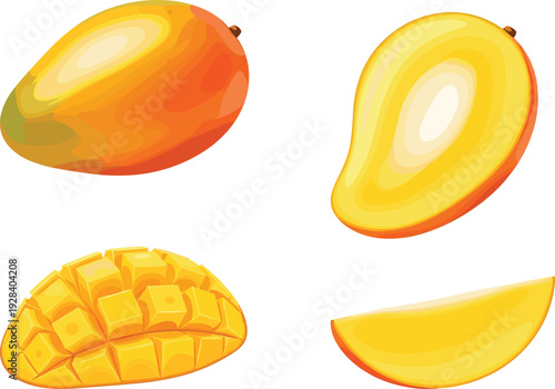 Fresh mango slices and halves collection, tropical fruit illustration set, juicy summer food elements isolated on white background