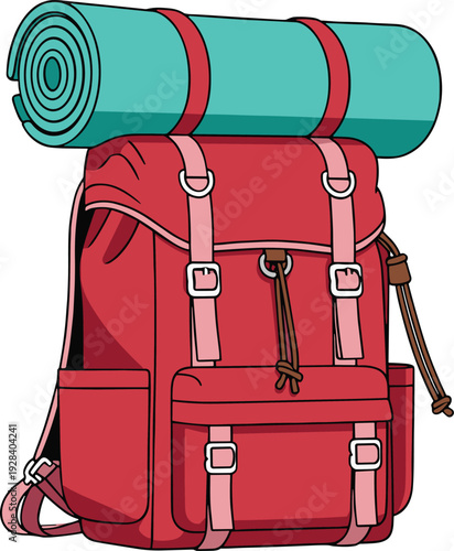 Camping backpack with rolled sleeping mat, hiking travel rucksack illustration, outdoor adventure gear equipment, trekking bag vector isolated on white background