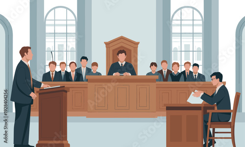Courtroom trial scene with judge, lawyers and jury, legal justice system illustration, courtroom interior vector design, law and order concept
