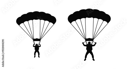 Two skydivers descending with open parachutes a striking silhouette