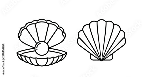 Two open seashells with a pearl simple black outline silhouette