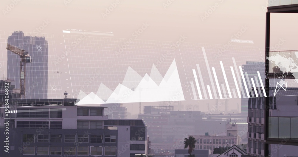 Obraz premium Displaying urban skyline showing data overlay from glass balcony, featuring crane and palm tree