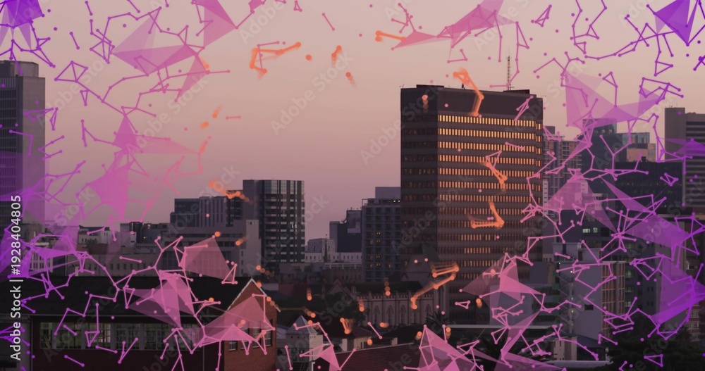 Obraz premium Framing tall office tower catching sunset light from rooftop vents, with magenta facets overlay