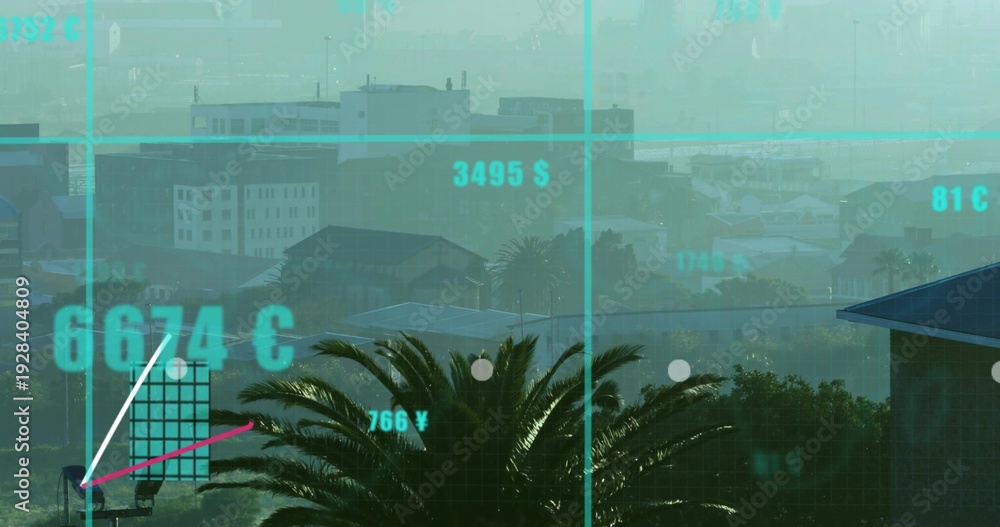 Obraz premium Showing palm tree canopy dominating elevated coastal port, with turquoise grid and currency symbols