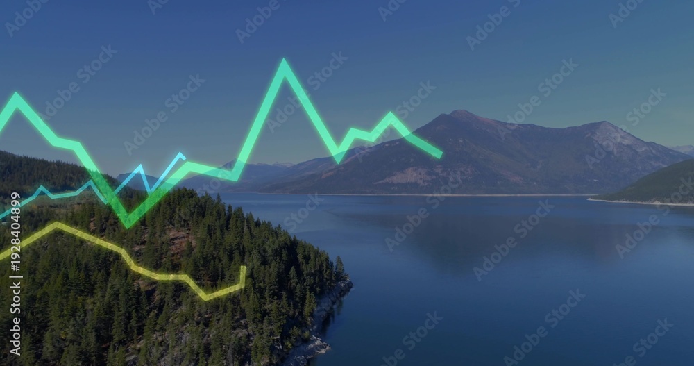 Naklejka premium Showing forested peninsula and mountain lake from overlook, with three glowing line-graph overlays
