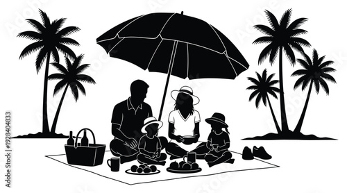 Family picnic in tropical paradise silhouette