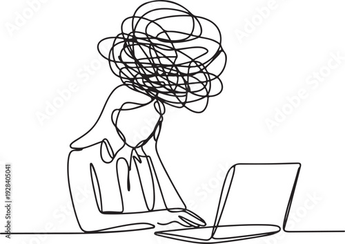 Continuous line drawing of person working on laptop with tangled thoughts depicted as swirling lines