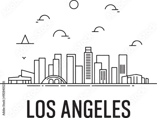 Simplified cityscape illustration of Los Angeles skyline with notable buildings and clouds